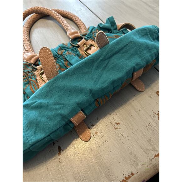 Nest Teal Blue Tan Brown Embroidered Shoulder Bag Purse Leather Woven Strap Boho - Picture 7 of 12